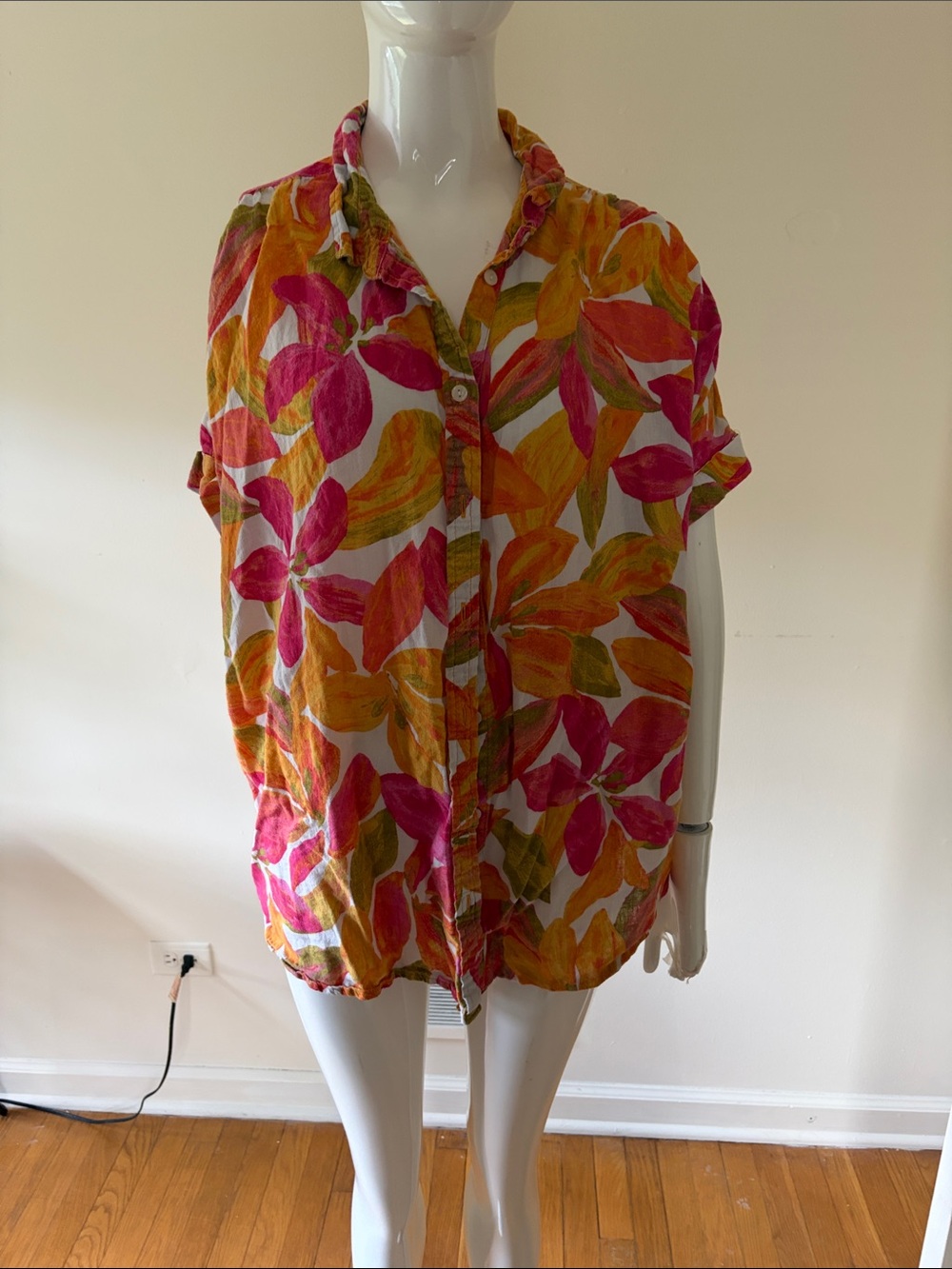 Time and Tru Short-Sleeve Floral Button-Down in Pink & Yellow